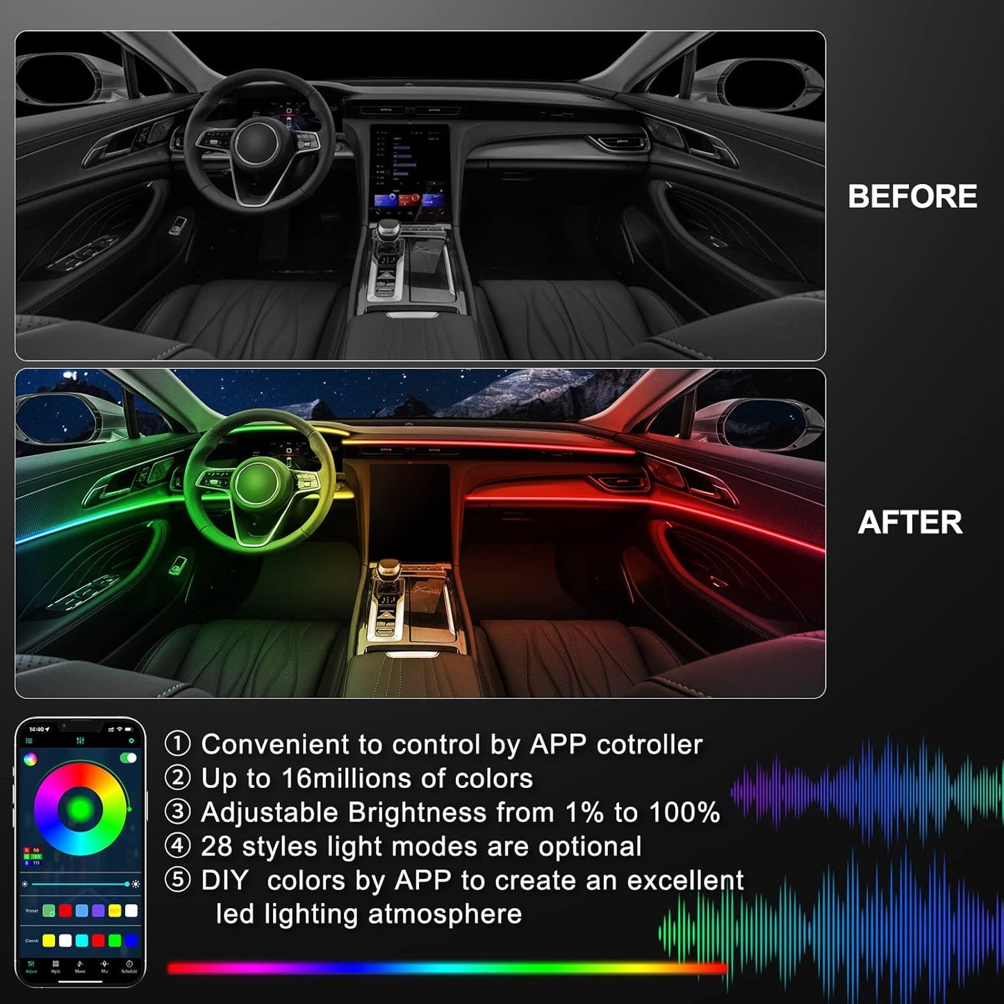 Acrylic Interior Car LED Strip Light with Wireless APP, RGB Dreamcolor 5 in 1 Ambient Lighting Kits, 16 Million Colors Sound Active Function Car Neon Lights, Sync to Music (dreamcolor 5 in 1)