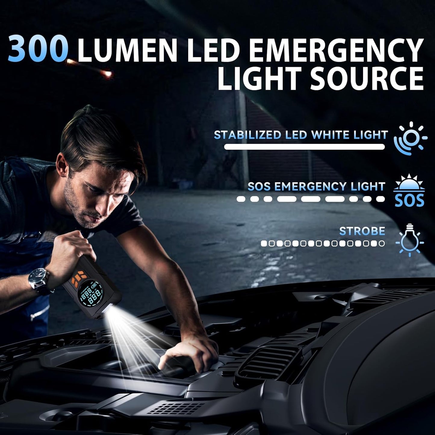 Jump Starter with Air Compressor, 5000A 160PSI Battery Jumper Starter Portable (9.0 Gas/8.0L Diesel), 12V Jump Box Car Battery Jump Starter with Smart Jumper Cables, LED Light, LCD Display