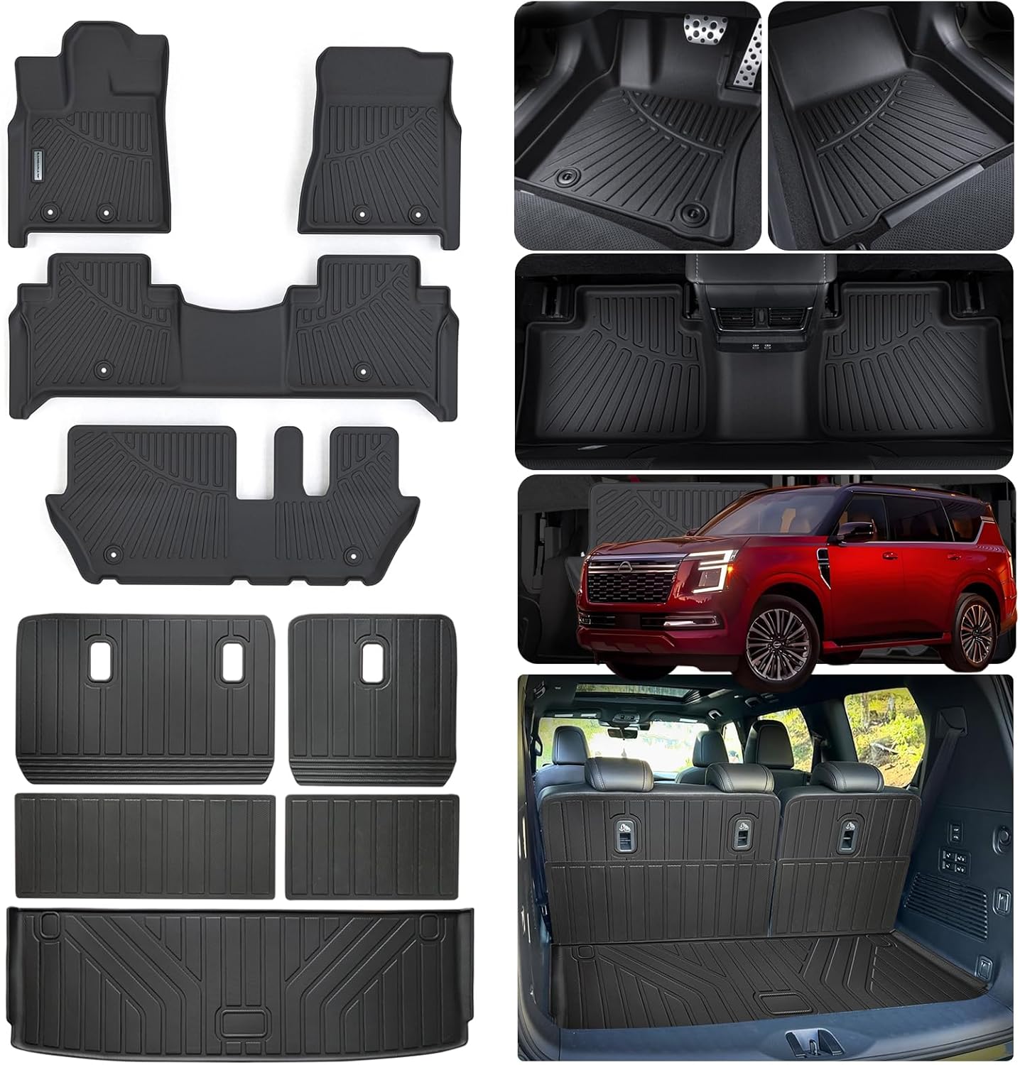 Floor Mats for 2025 Nissan Armada 8 Seats with Trunk mat TPE All Weather Protection 3 Rows Car Floor Liners & Cargo Liners with Velcro Backrest