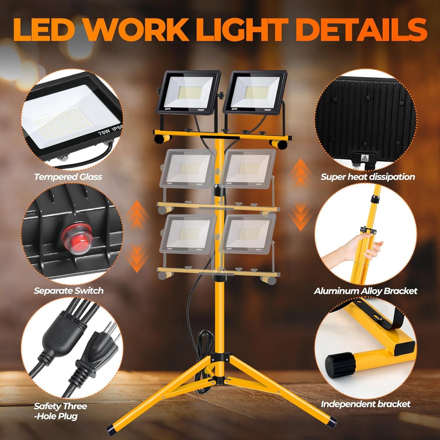 Work Lights with Stand, 2 Adjustable Head LED Work Light，Foldable Tripod Stand and Portable Removable Led Construction Lights with Individual Switch with 6500 Kelvin Color