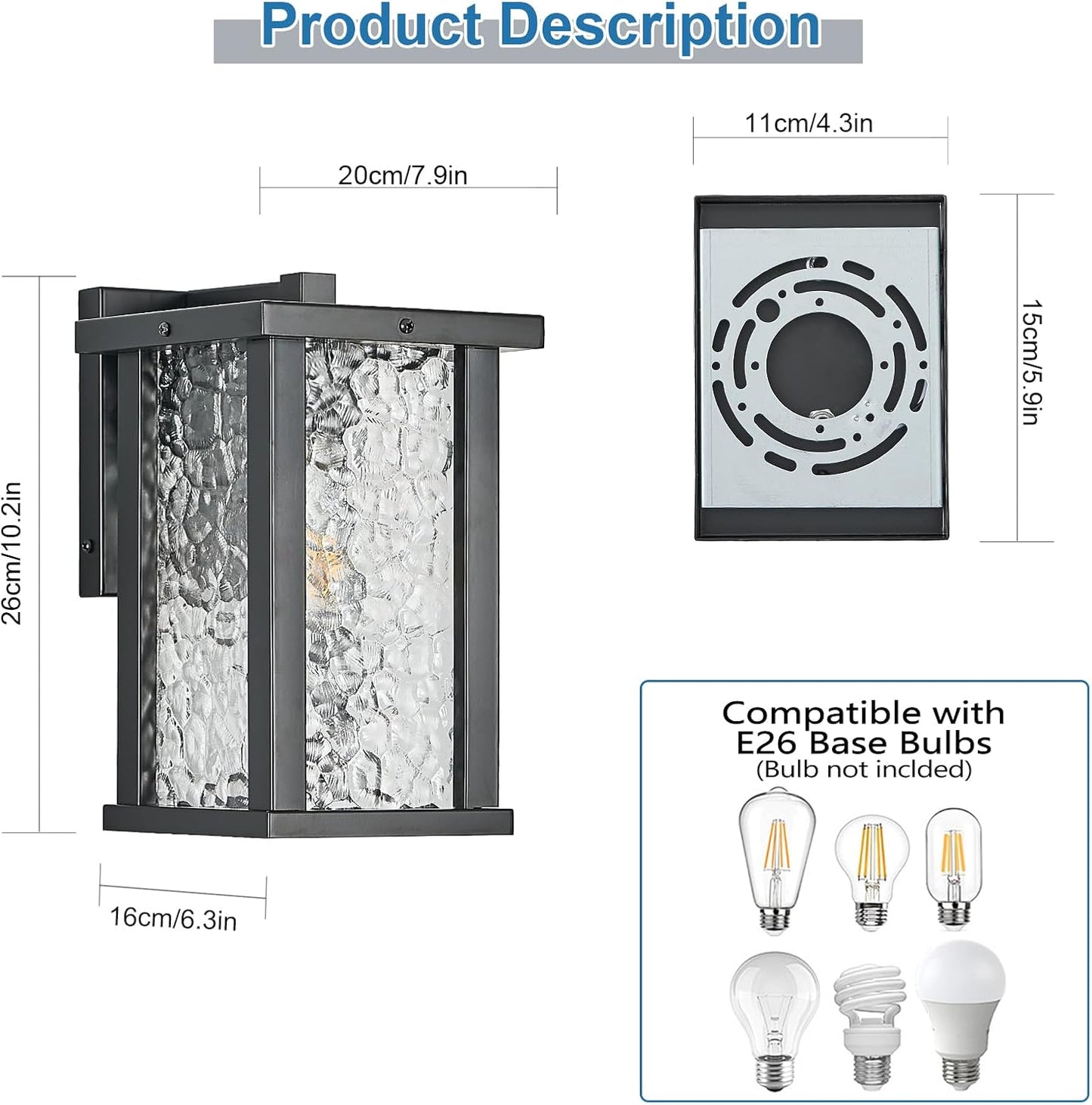 Outdoor Wall Sconce E26 Base Metal Frame - Black Exterior Light Fixture with Clear Glass, Waterproof Porch Wall Mount Lighting for Garage, Patio(Bulb not Included)