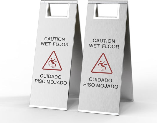 Stainless Steel Wet Floor Sign 2 Pack, 24 Inch Double-Sided Foldable Caution Sign with Handle, 8.8 lb Bilingual Warning for Restaurant, Office, Commercial Cleaning Use, Silver