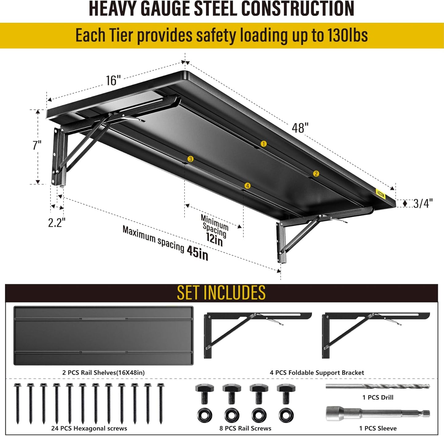 2pack-1.3x4ft Adjustable Rail Type Folding Storage Rack Shelf, Suitable for Garage, Storage Room, kitchens Wall Shelf Garage Storage Rack Floating Shelves, Wall Mounted Folding Table(2pcs-Black)