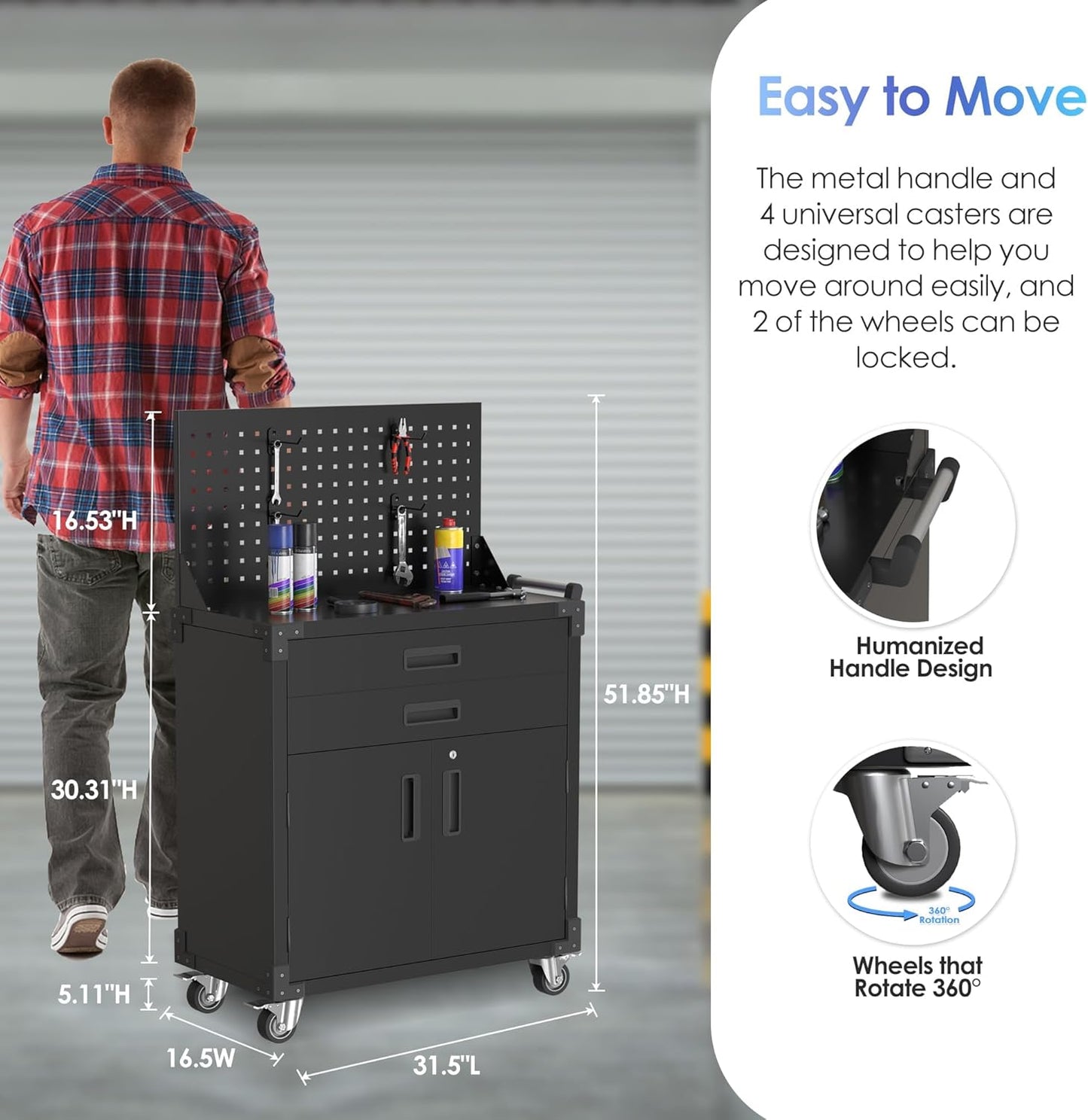 Black Tool Cart with Pegboard and 4 Hooks,Garage Storage Cabinet on Wheels with 2 Drawer,Industrial Service Utility Tool Cart for Mechanics, Garage, Workshop