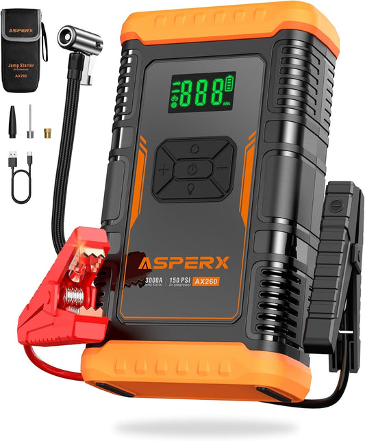 ASPERX Jump Starter with Air Compressor,【Upgrade & Safety Certs】10L Gas/8L Diesel(Almost All Cars) 12V Jumper Box Car Battery Jumper Starter Portable with Tire Inflator, Jumper Cables, Display & Light