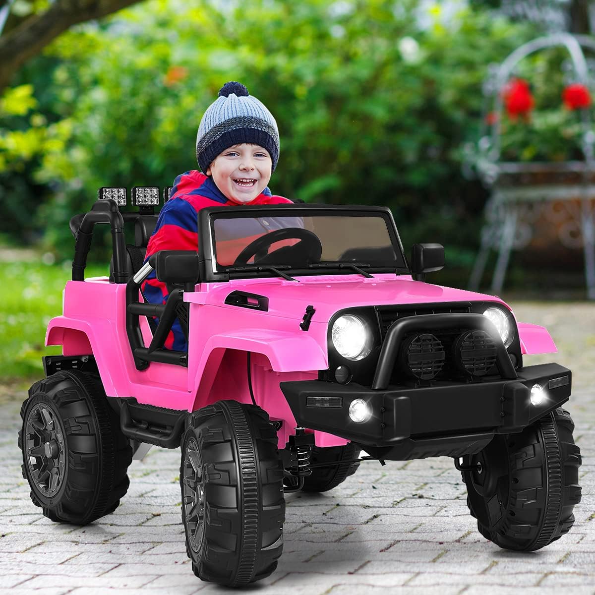 Costzon Ride On Car, 12V Battery Powered Electric Ride On Truck w/Parental Remote Control, LED Lights, Double Open Doors, Safety Belt, Music, MP3, Spring Suspension (Pink)