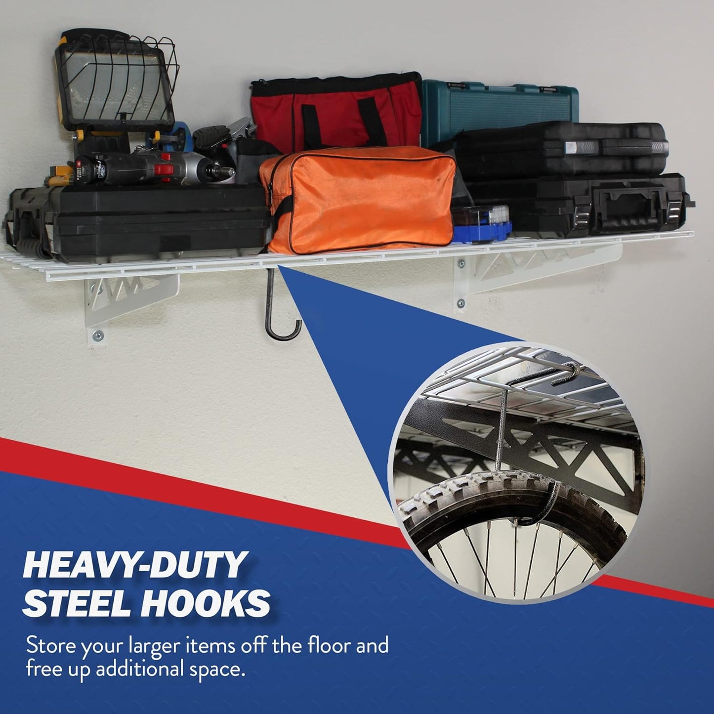 SafeRacks Garage Wall Shelves - 2 Pack Combo Set with 4 Hanging Hooks