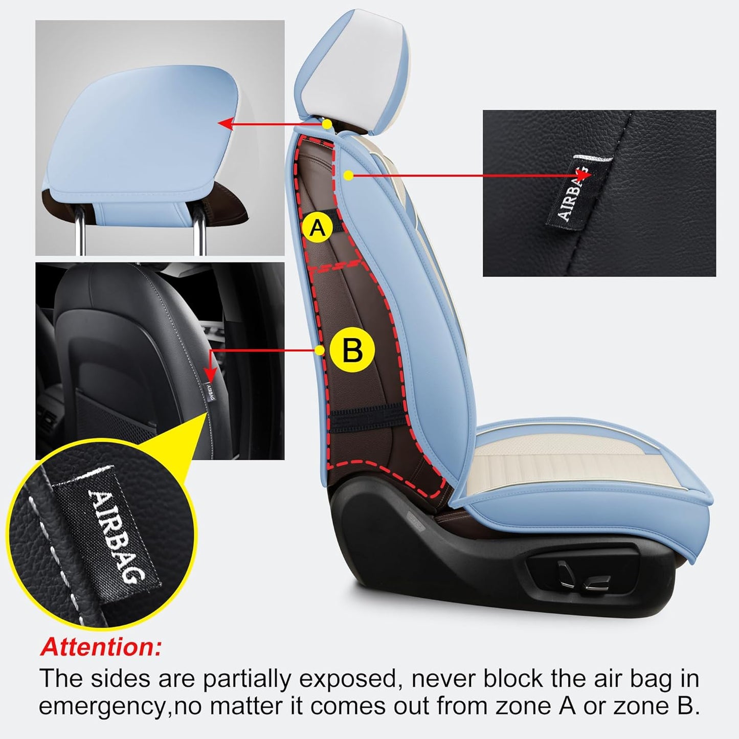 LINGVIDO Car Seat Covers, Breathable and Waterproof Faux Leather Automotive Seat Covers for Cars SUV Truck Sedan,Universal Anti-Slip Seat Cover with Backrest (Full Set, White & Light Blue)