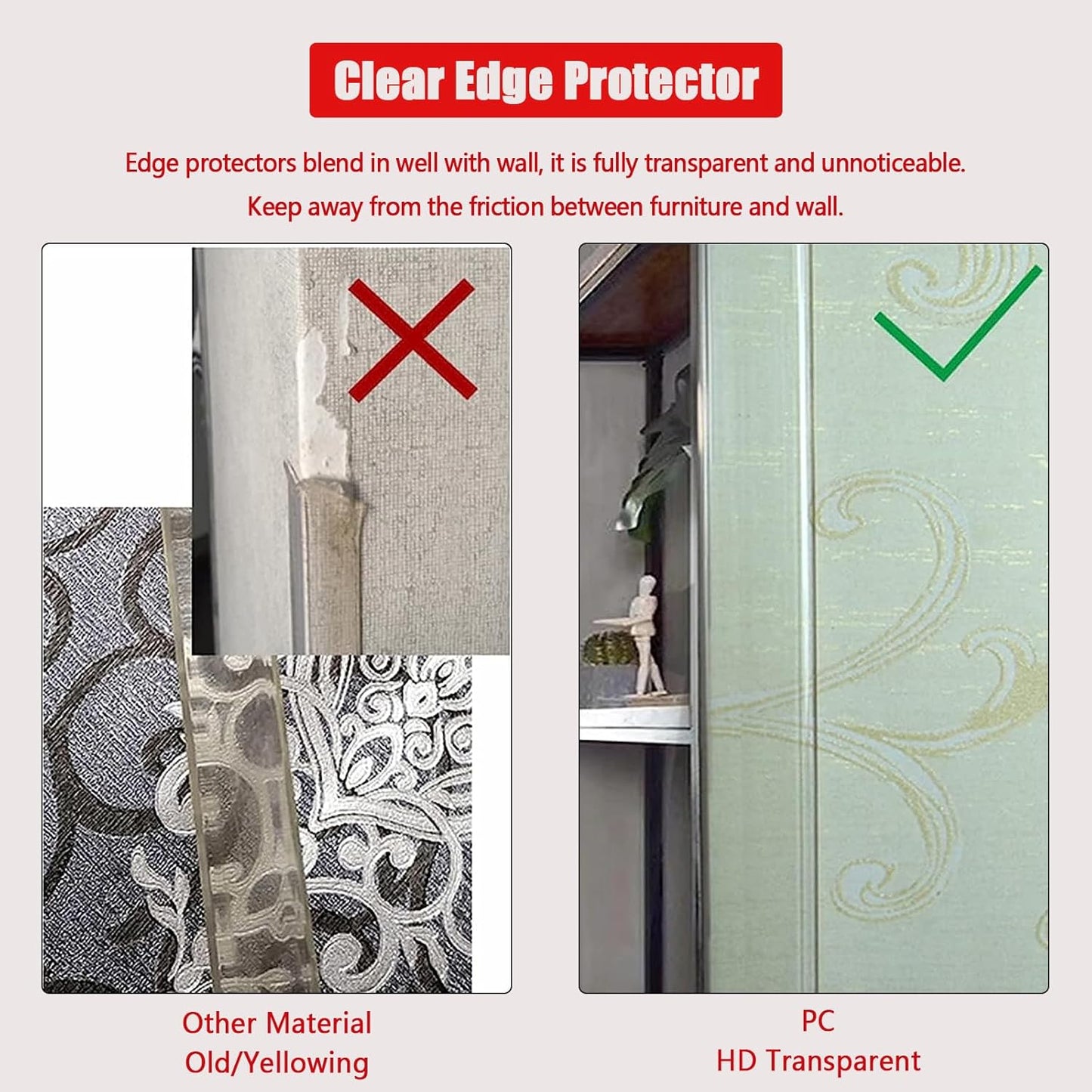 Wall Corner Protector - 4PCS, 39.4"x1.18" - Self Adhesive Clear Corner Protectors for Walls, Cabinet Doors, Edge Protector Trim; Easy to Install Corner Guards for Walls (100cm x 3cm)
