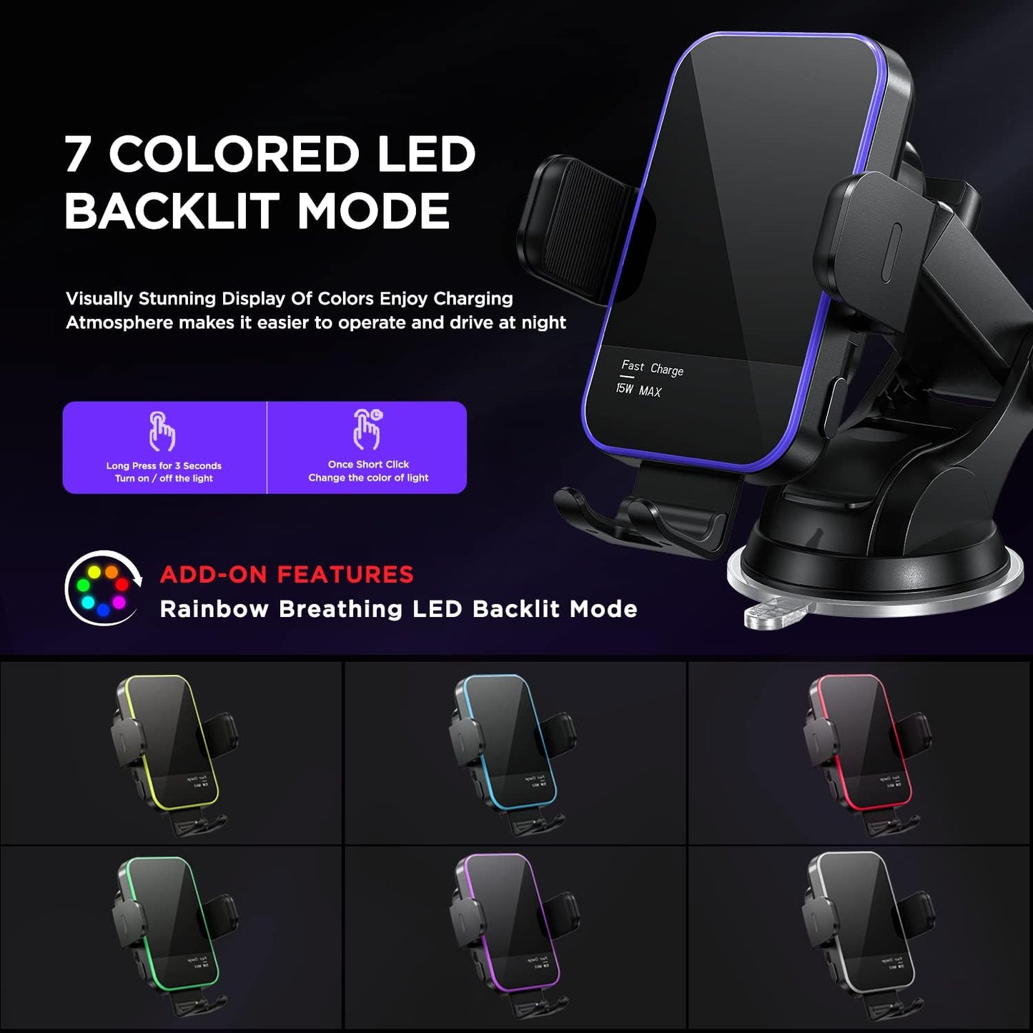 Wireless Car Charger,【7 Colored RGB Backlit】 Mosurr 15W Auto Clamping Phone Holders for Your car fit for iPhone 16 15 14 Mini Pro Max, Samsung Galaxy S25 Ultra S24 S23+, etc, Fathers Day for Gifts