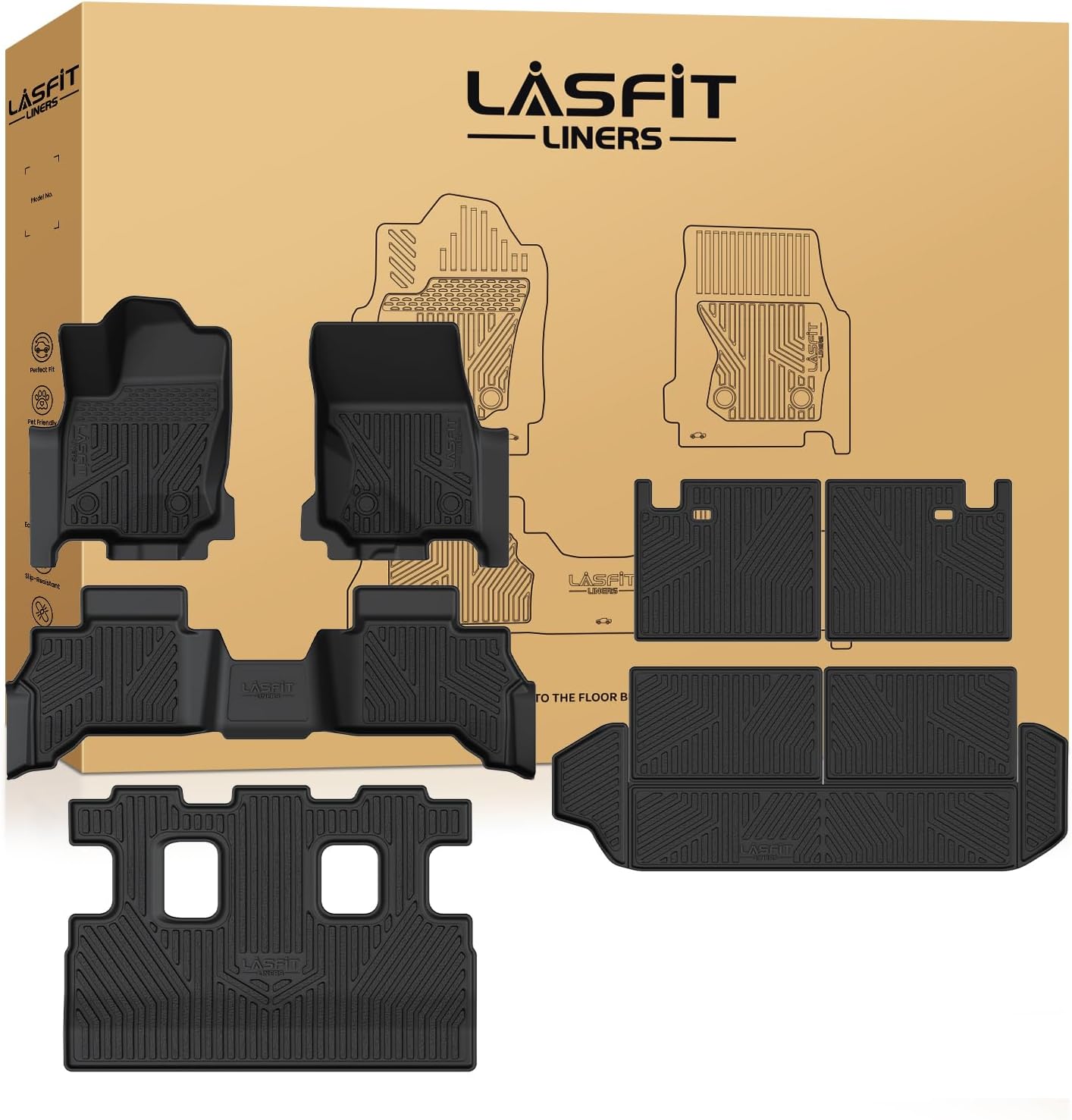 LASFIT Floor Mats&Trunk Mat with Backrest Mat for Toyota 4Runner 2025-2026(Only Fit 7 Seats), All Weather TPE Custom Fit Floor Liner for 4Runner SR5/TRD/Limited 6th gen Front&Rear 4 Runner Car Mats