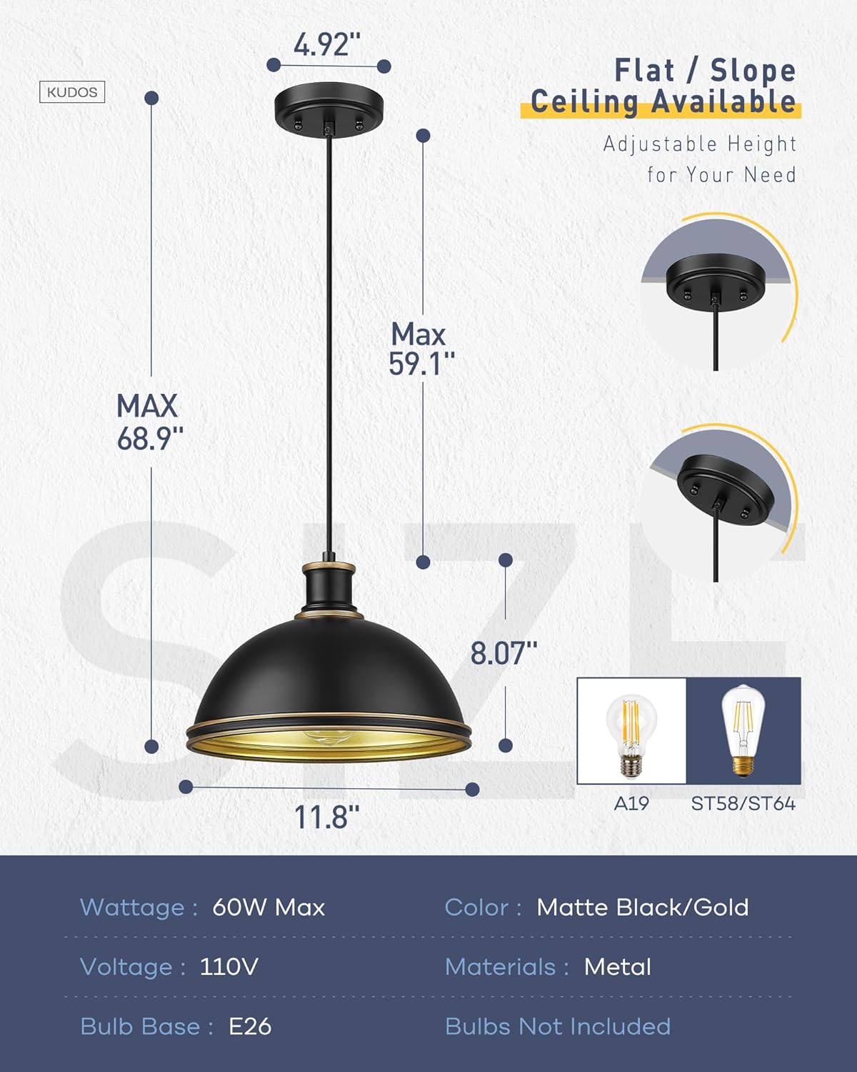 kudos Outdoor Pendant Light, 12" Large 1-Light Hanging Porch Lights, Black Outside Chandelier for Porch Gazebo Patio Entryway, KDOPL03-BK-S