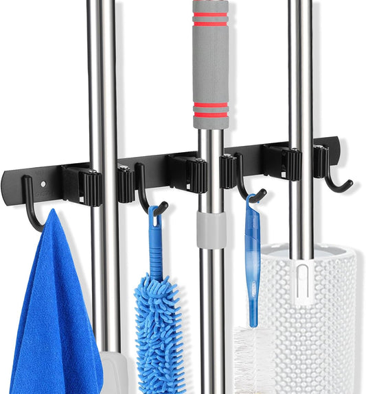 voze 3 Racks and 4 Hooks Mop and Broom Holder Wall Mount, Self Adhesive Heavy Duty Broom Organizer Storage Tool Racks for Kitchen Garden Laundry Garage