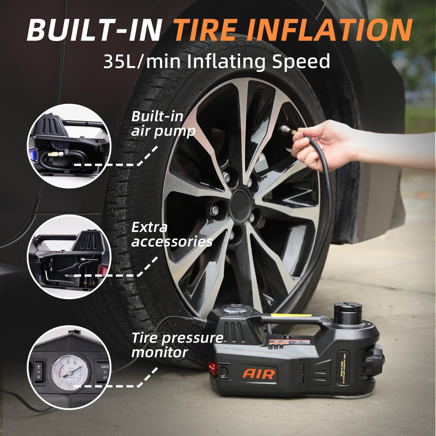 STANDTALL Electric Car Jack Kit 5 Ton 12V Hydraulic Floor Jack with Impact Wrench and Tire Inflator Pump Lift Jack with LED Light for SUV Sedan Truck Road Emergency Tire Change