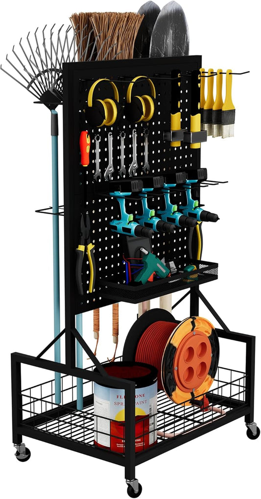 All-in-One Garage Storage Cart with Locking Wheels – Heavy-Duty Tool Organizer with Rack, Pegboard & Hooks & Accessories – Ideal for Garage, Garden, Yard – Utility Cart with Versatile Storage