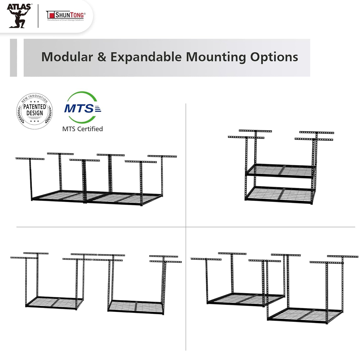 The Atlas 4 x 8 ft Adjustable Height Overhead Garage Storage Rack 900 lbs Heavy Duty Capacity Hammertone Finish
