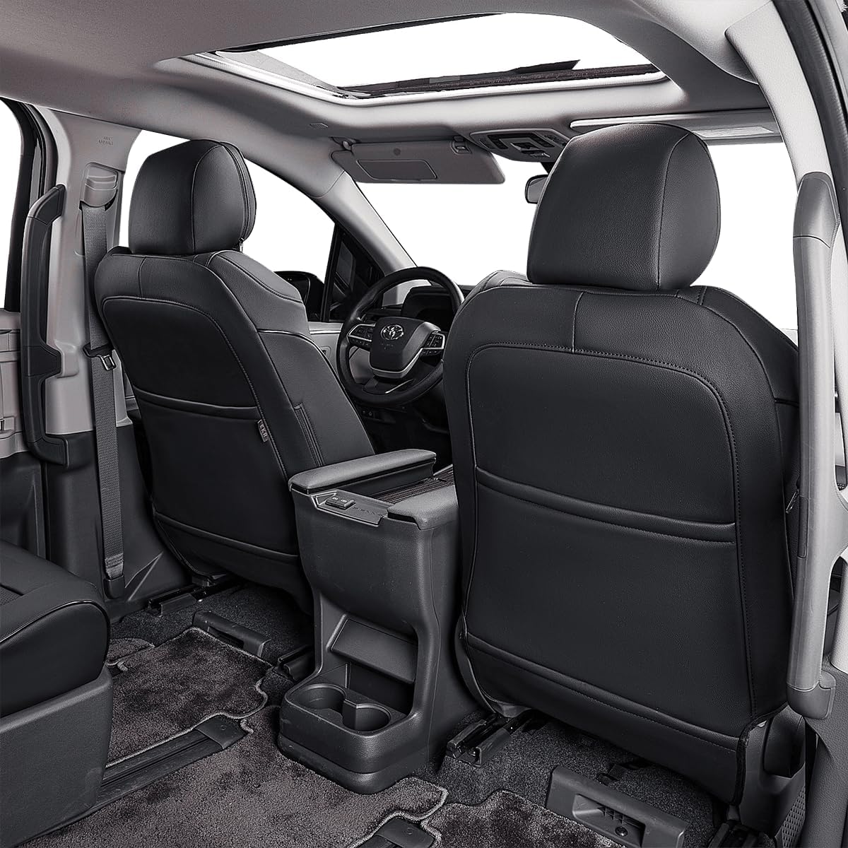 EKR Sienna Seat Covers for 2021-2025 Toyota Sienna XLE,XSE,Limited,Platinum,7 Seats,2nd Row Captain Chairs W/NO Legrest,Waterproof Seat Covers Full Set for Cars,Car Seat Protectors -Leather(Black)