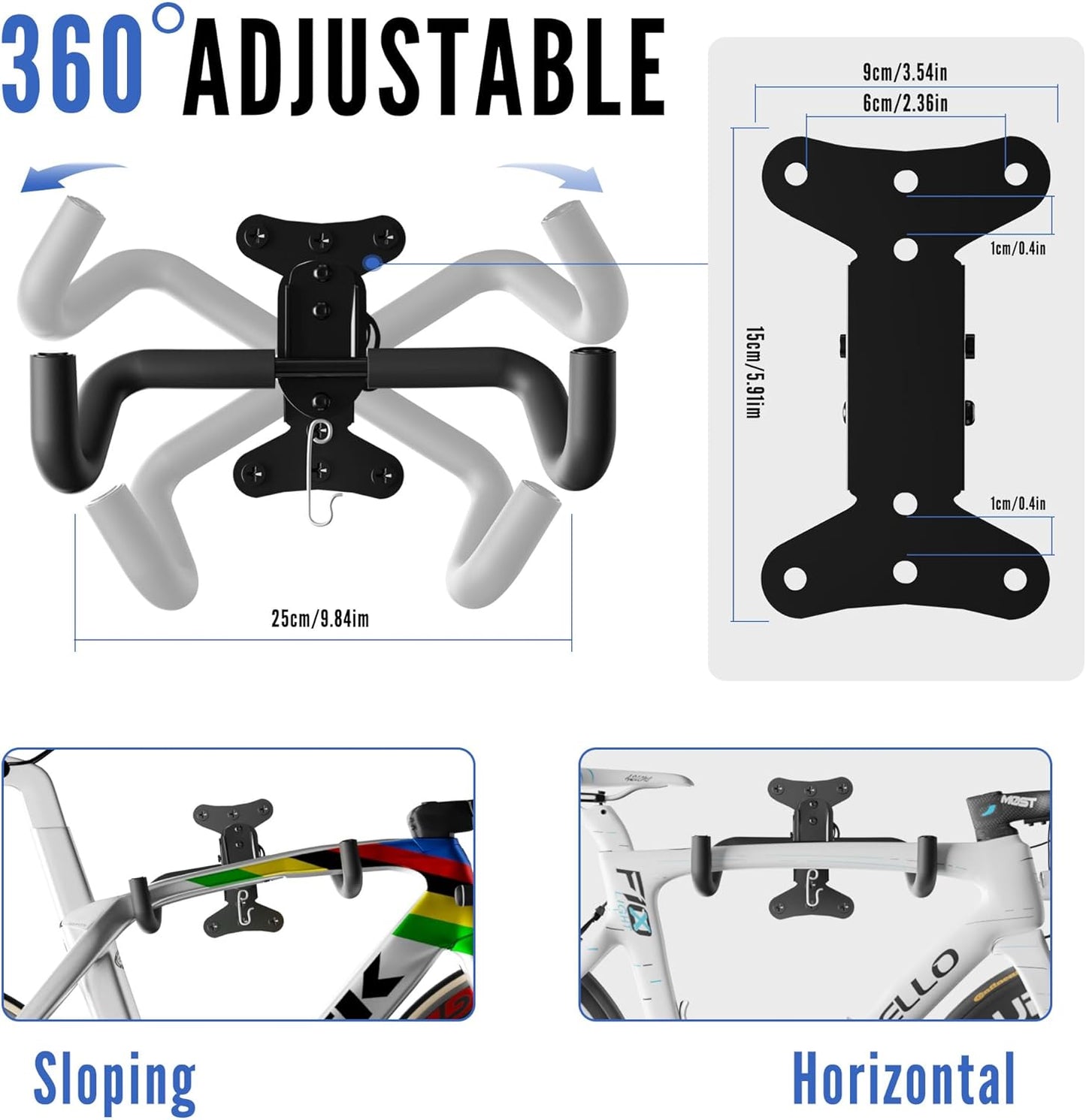 Bike Wall Mount Hanger - Adjustable Horizontal Bicycle Storage Rack for Garage and Home - Metal Hook Holder for Road, Mountain, and Hybrid Bikes（2 Pack）