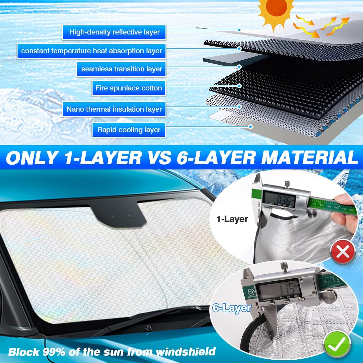 Windshield Sun Shade for 1996-2025 2026 Chevrolet/Chevy Express Accessories Thicken 6-Layer Front Window Sunshade Cover Sun Visor Protector Foldable Block UV Rays Keep Vehicle Cool