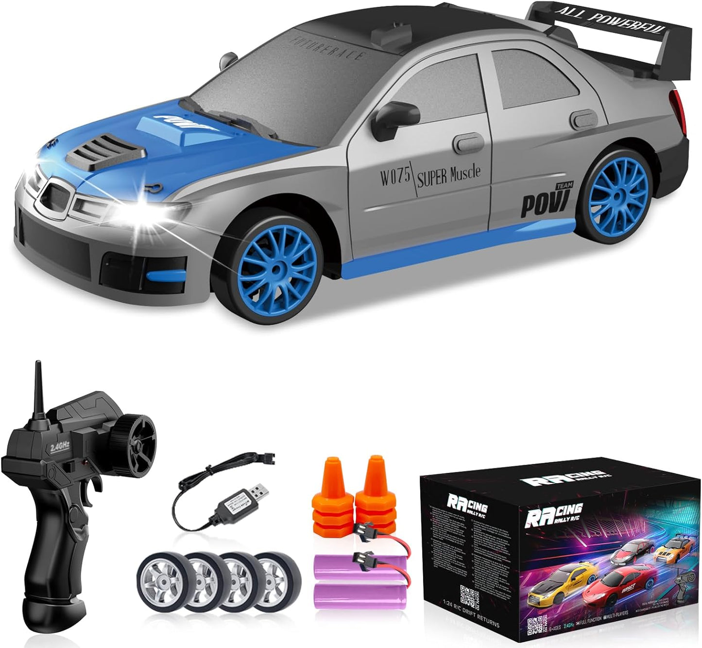 RC Drift Car, 1/24 2.4GHz 4WD Remote Control Car High Speed Drift RC Cars with LED Lights, 2 Rechargeable Battery and Drifting Tires Racing Toy Cars for Kids Boys Girls Adults(Grey)