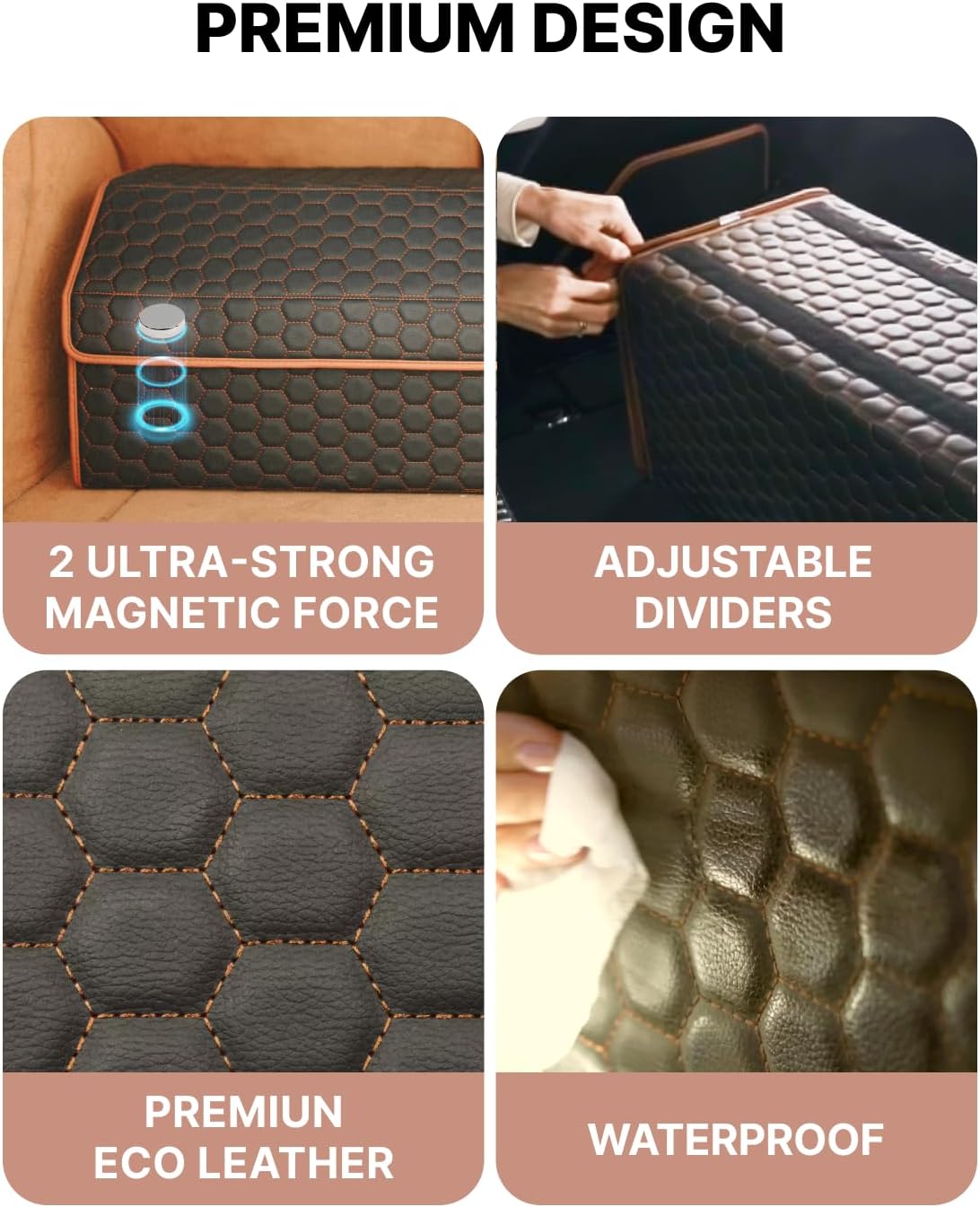 Sedan Trunk Organizer 17.7" Storage Tote For Groceries, Tools & Travel Gear - Foldable Eco-Leather Car Crate With Magnetic Lid | Stylish Presents For Drivers | Black-Brown (Hexy 17)