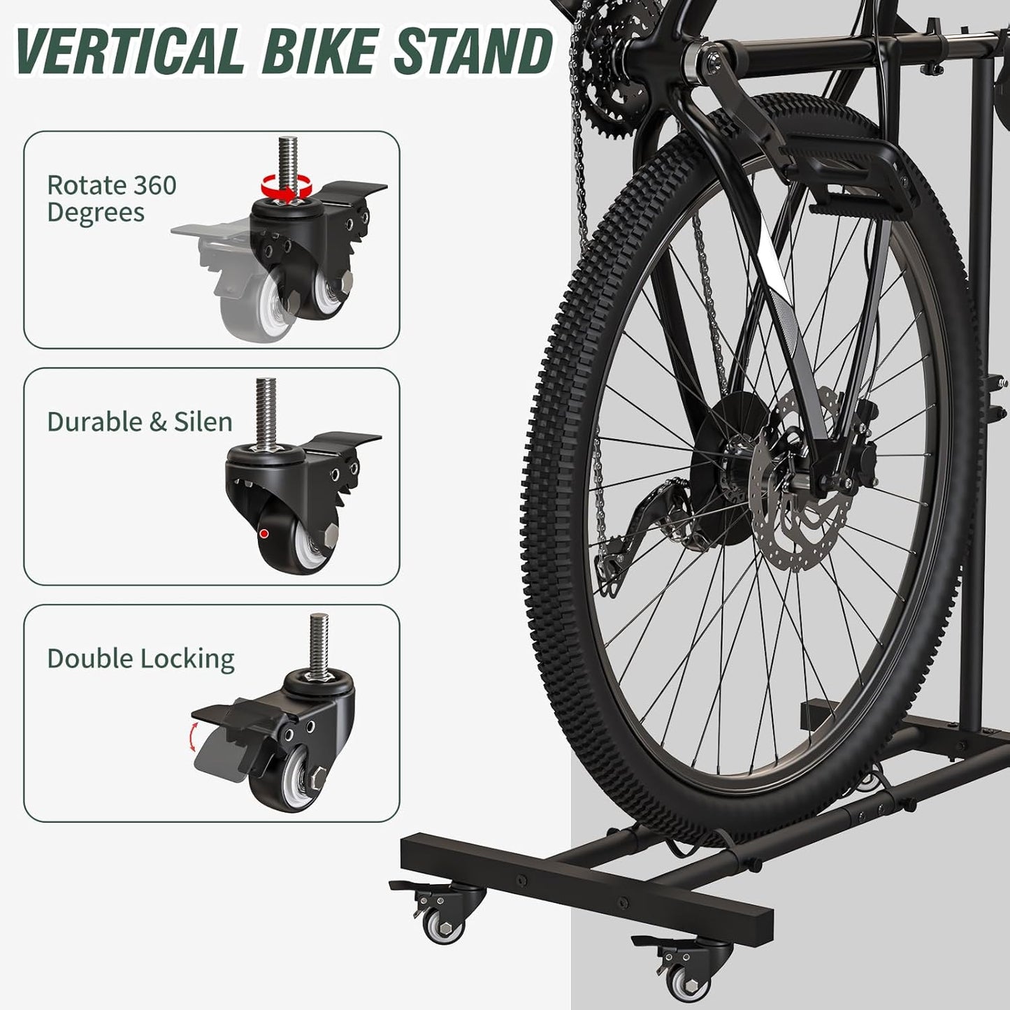 Vertical Bike Stand, Upright Bike Parking Rack Floor, Adjustable Bicycle Storage for Wheels Sizes up to 29", Freestanding Bicycle Organizer with Swivel Casters, Indoor Bike Holder for Garage 2-Pack