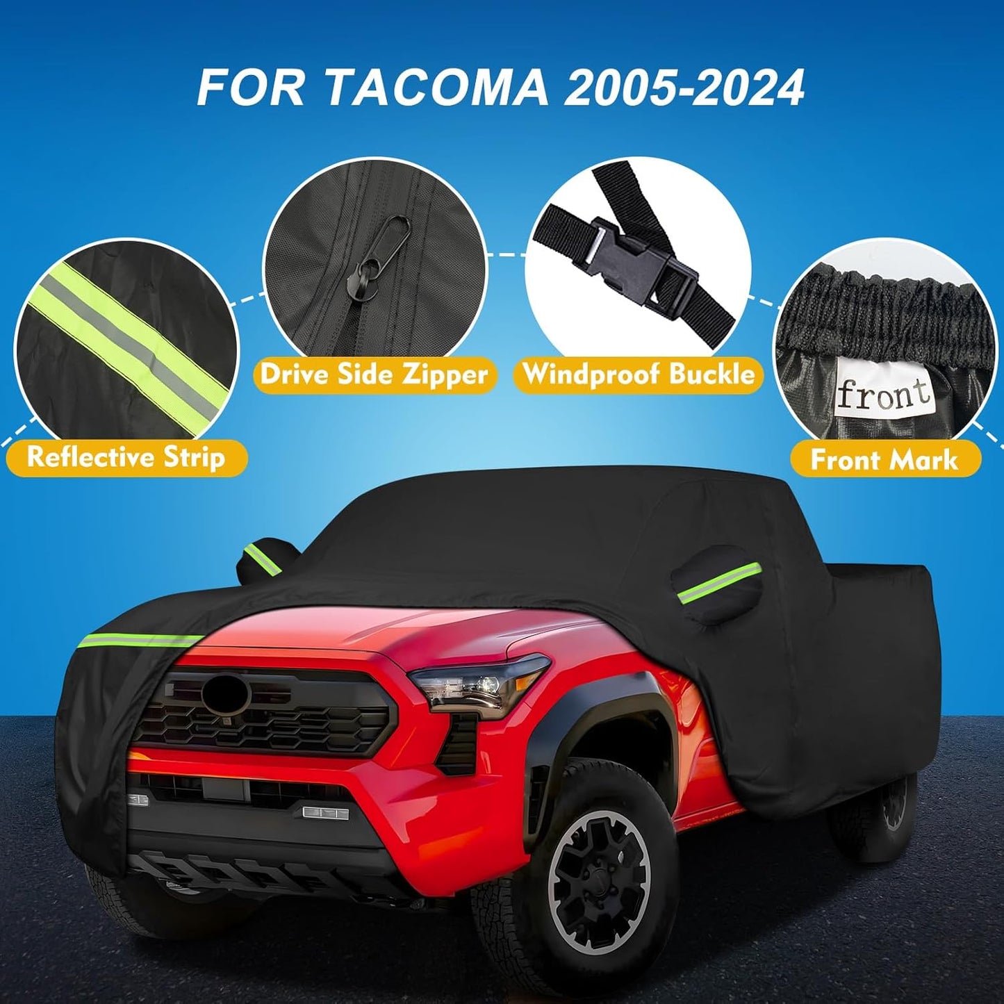 QUNSUNUS Car Cover for Toyota Tacoma 2005-2024, Waterproof Truck Cover with Zipper, All Weather Full Exterior Cover with Straps and Elastic for Wind, Sun, UV and Dust Protection