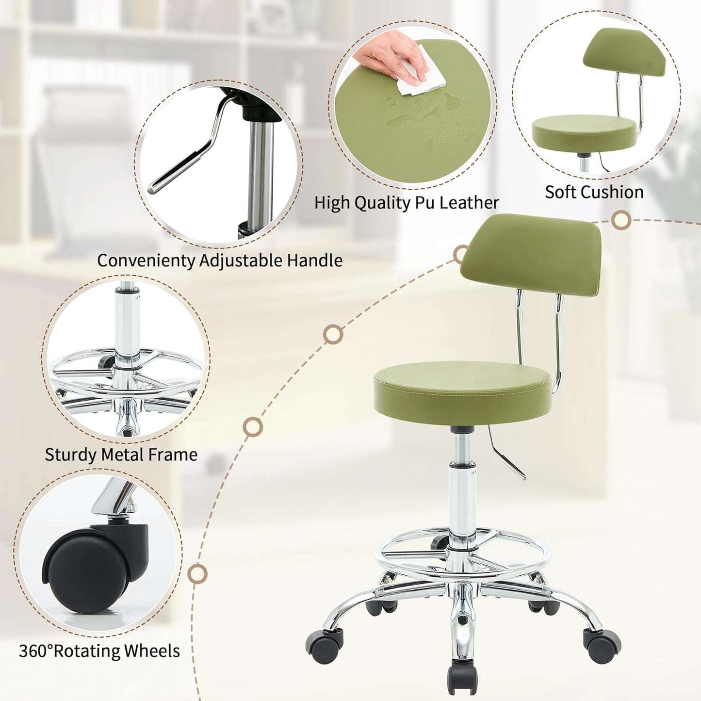 Height Adjustable Stool 19.5’’-26.6’’, Rolling Chair with Back and Footrest, Green Esthetician Stool Ergonomic (Green)