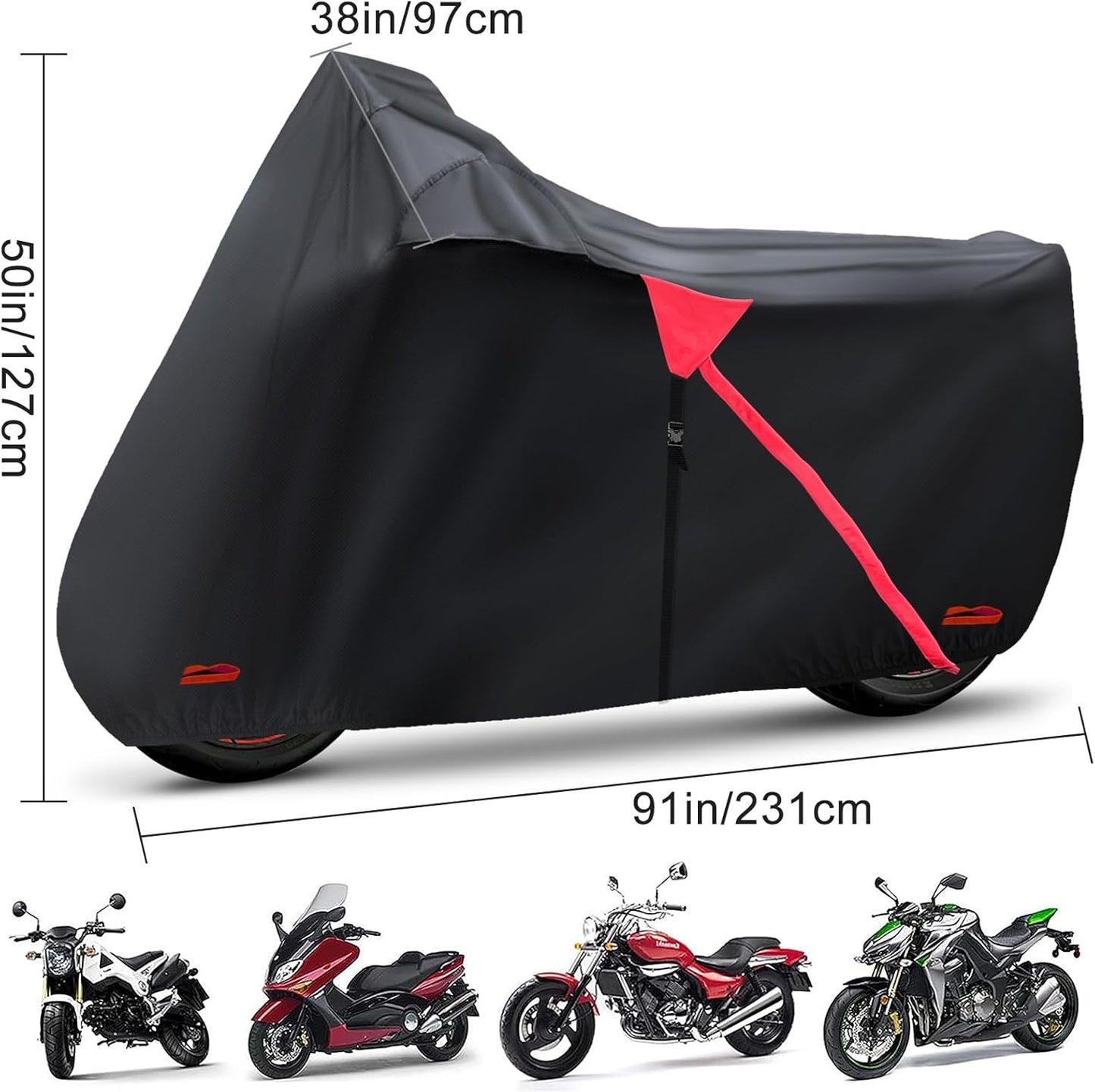 Motorcycle Cover,Waterproof Zipper Outdoor Cover for All Seasons Windproof, High Heat Resistance Dustproof and Rainproof Snowproof(Red Zipper L Fits Up to 91 inch)