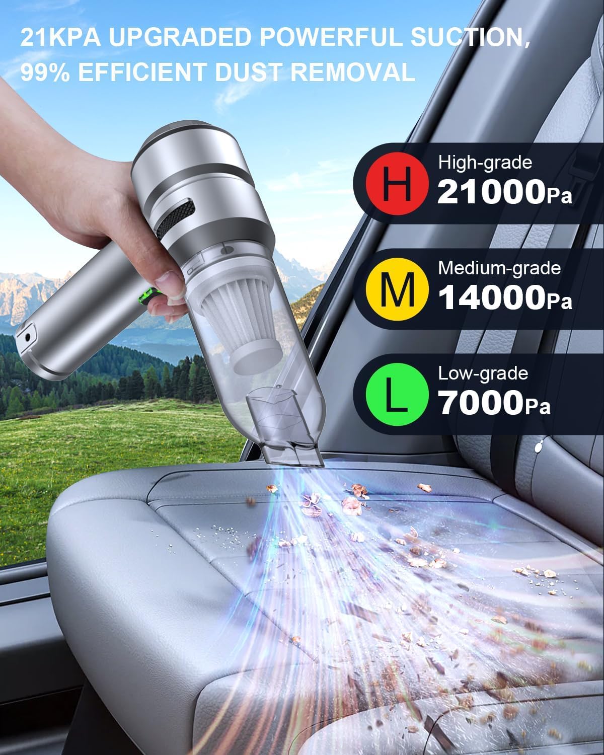 Car Vacuum,3 Suction Modes,Portable Mini Cordless Cleaner with 21000pa Suction Power,Type-C Charge,Handheld Vacuum for Home,Car, Office Desk, Keyboards(Diamond Silver)
