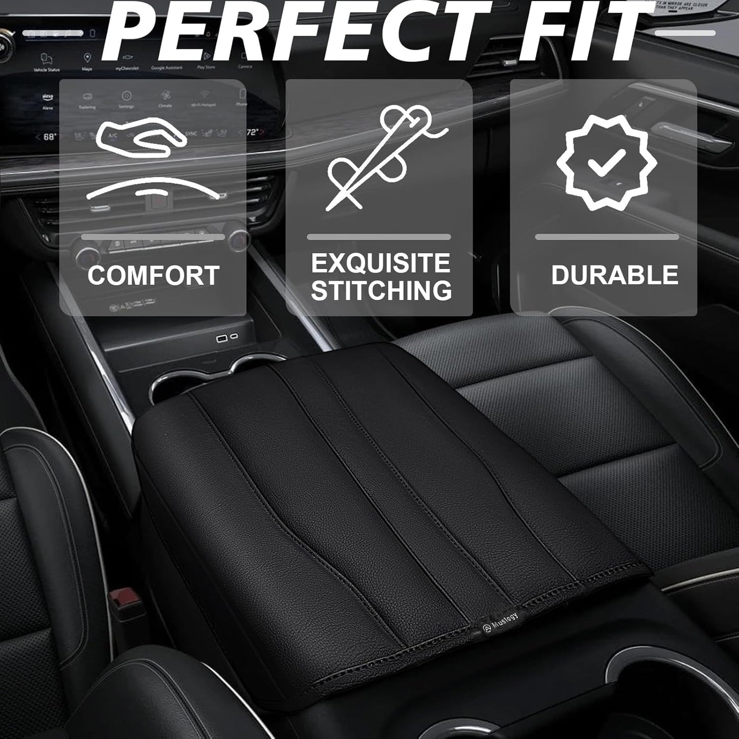 Muslogy Center Console Armrest Cover Compatible with 2025 2026 GMC Yukon/Yukon XL & Chevy Tahoe/Suburban Comfort Armrest Pad Arm Rest Cushion Vegan Leather Protector Regular Thick