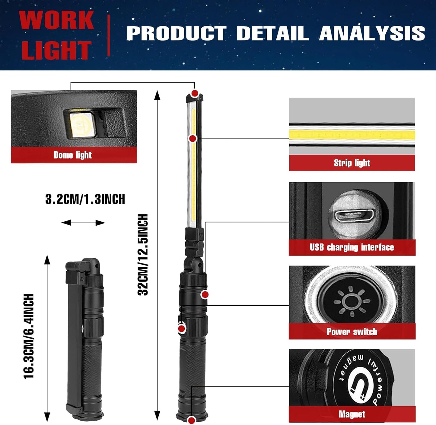 Rechargeable Work Light, 360° Rotate Design, Magnetic LED Work Light Foldable Flashlight,5 Lighting Modes ,Mechanic Light, Portable Outdoor Lamp for Car Repair,Camping, Emergency