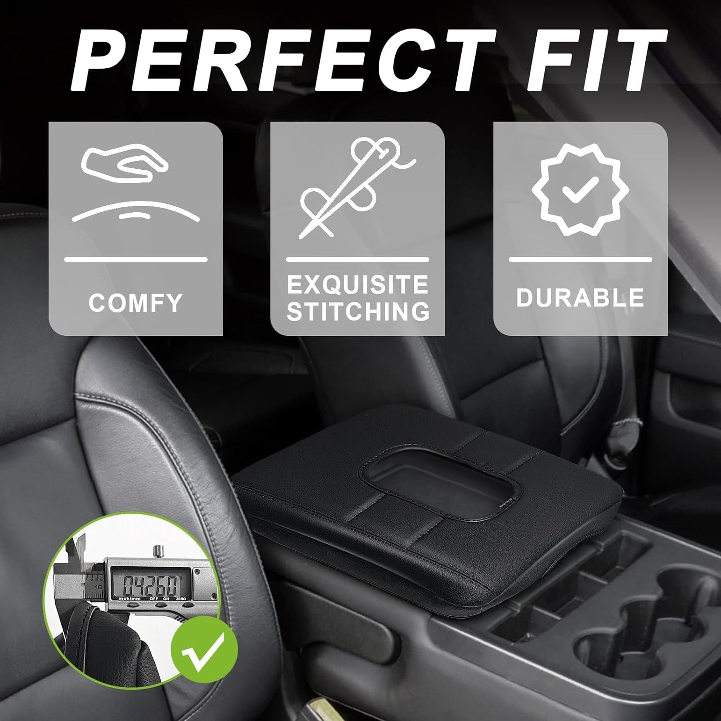 Muslogy Center Console Armrest Cover Compatible with Chevy Silverado & GMC Sierra 2014-2018 Comfort Armrest Pad Arm Rest Cushion Vegan Leather Protector Regular Thick(Jump Seat ONLY)