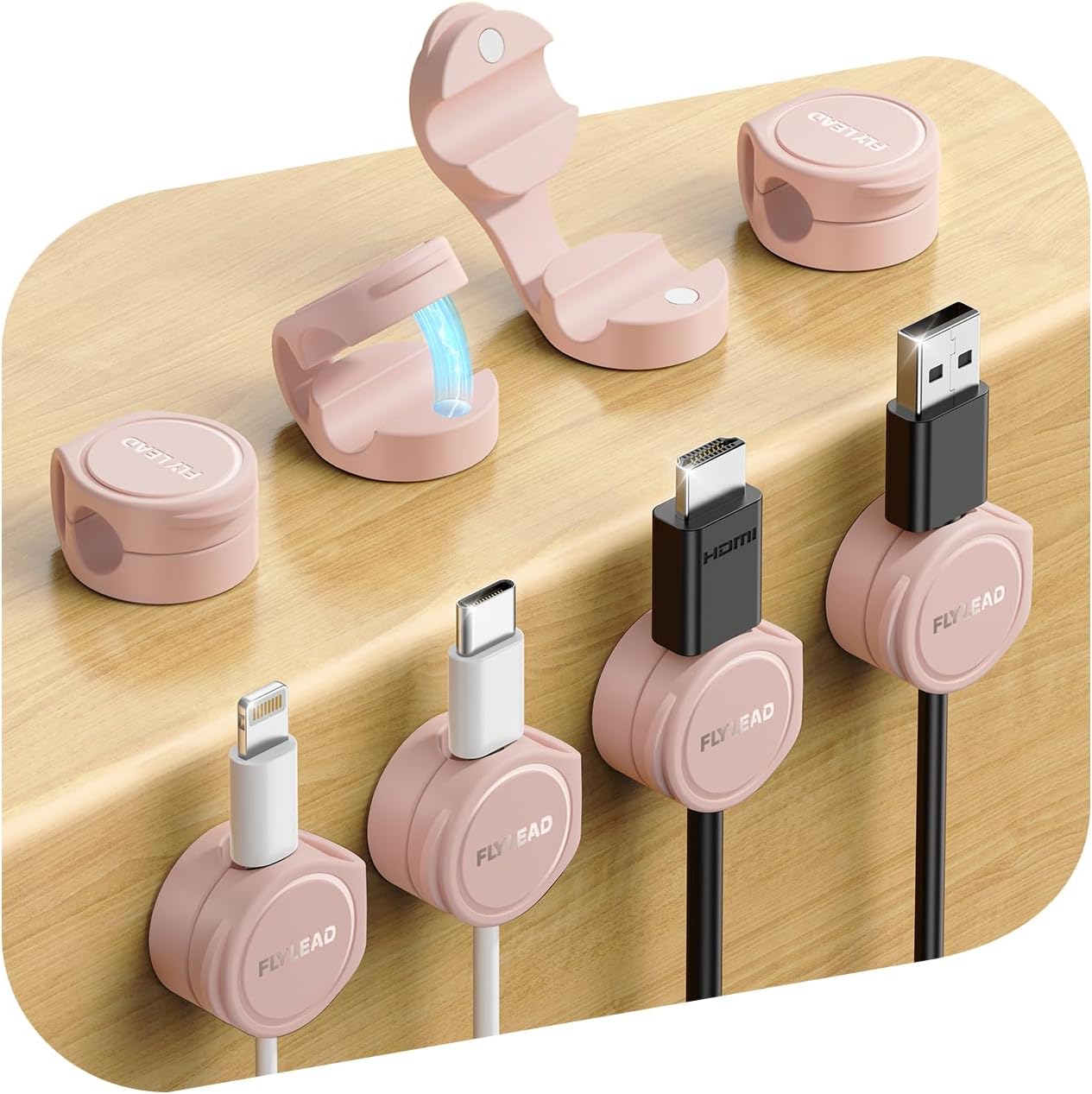 8-Pack Cord Organizer Silicone Magnetic Cable Clips [8 mm Wider Cable Accessible] Desk Wire Management, FLYLEAD Desktop Cord Holder for Nightstand, Office Workspaces Desk Organization Home Accessories
