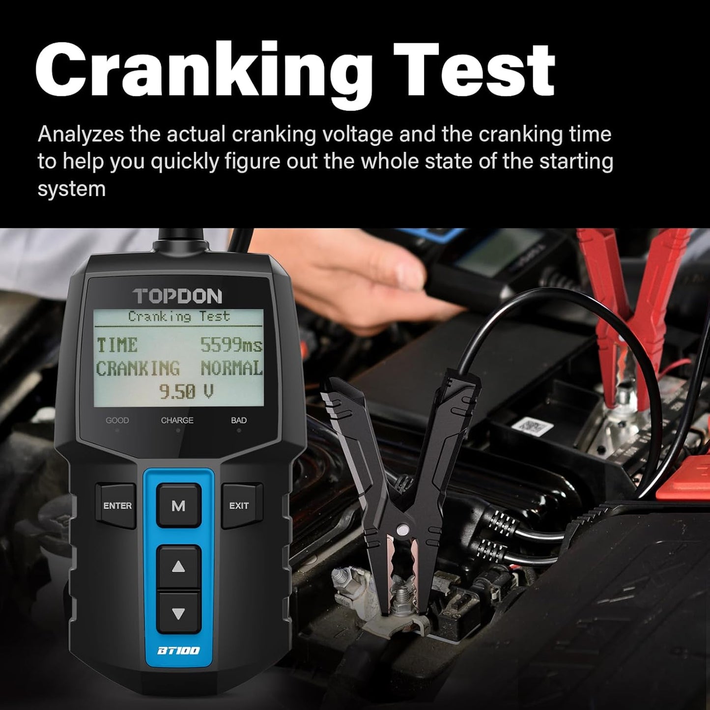 TOPDON BT100 Car Battery Tester 12V Load Tester, 100-2000 CCA Automotive Alternator Tester Digital Auto Battery Analyzer Charging Cranking System Tester for Car Truck Motorcycle ATV SUV Boat Yacht