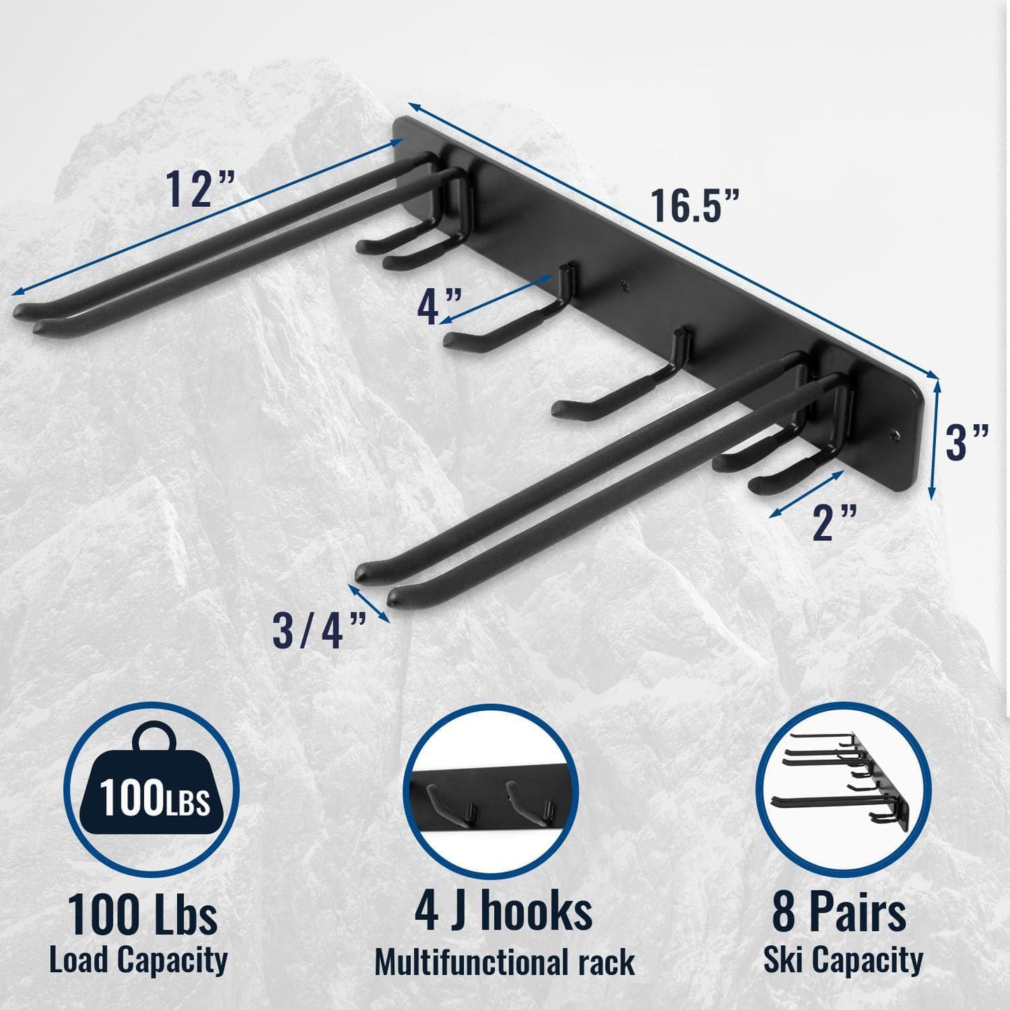 Wall Mount Ski Storage Rack,Garage Snowboard Storage Organizer 8 Pairs Metal Hooks Indoor Outdoor System Organization