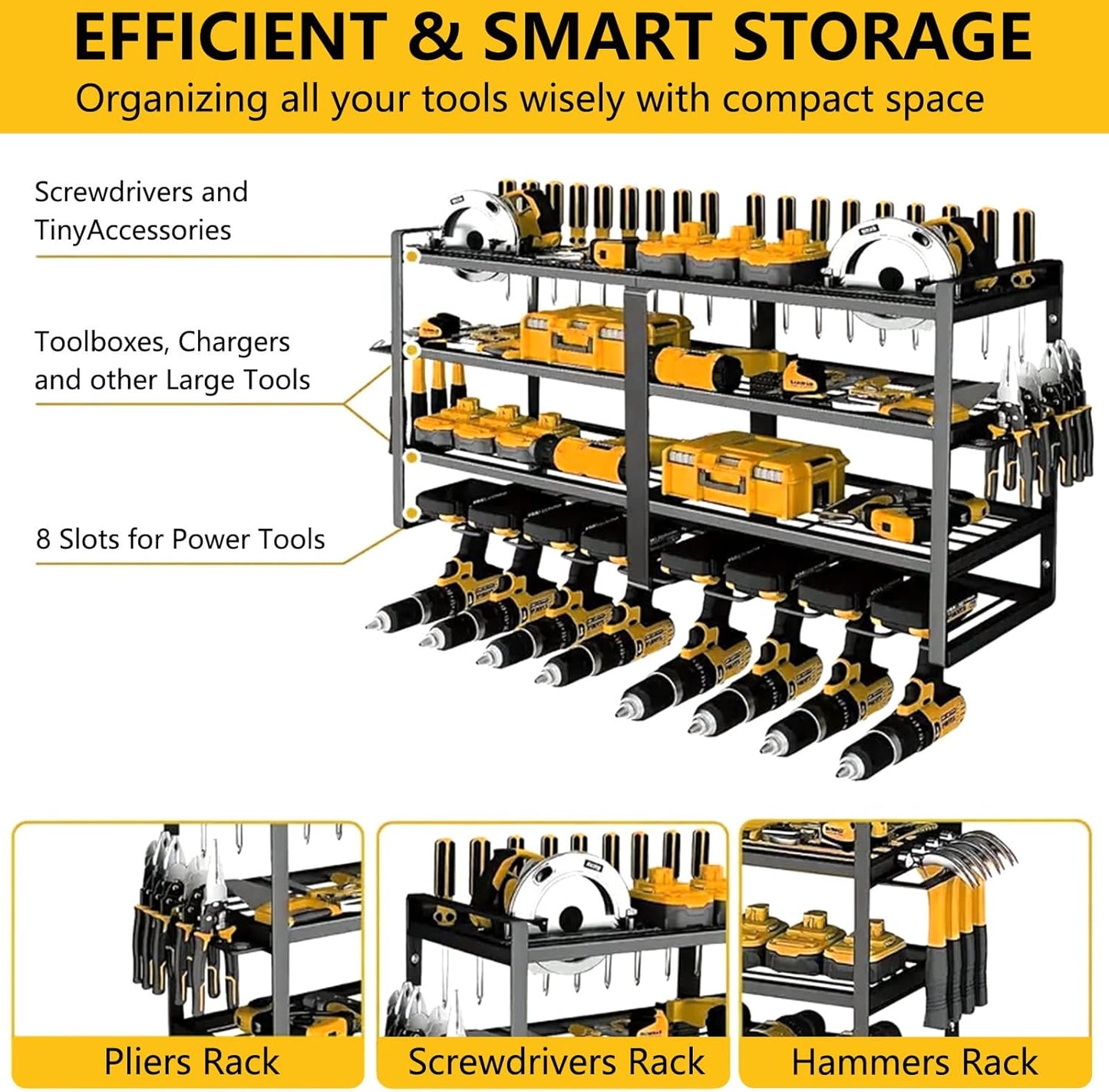 Power Tool Organizer Wall Mount：Heavy Duty Drill Holder Rack with 8 Slots, 4-Tier Metal Tool Shelf for Garage Storage, Workshop, DIY(32inch)