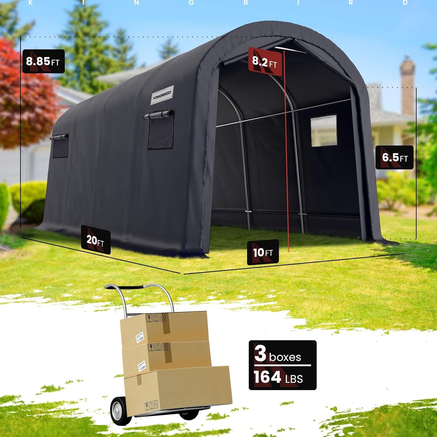 KING BIRD 10' x 20' Heavy Duty Carport with Roll-up Ventilated Windows Round Style Outdoor Instant Garage Anti-Snow Car Canopy with Reinforced Ground Bars