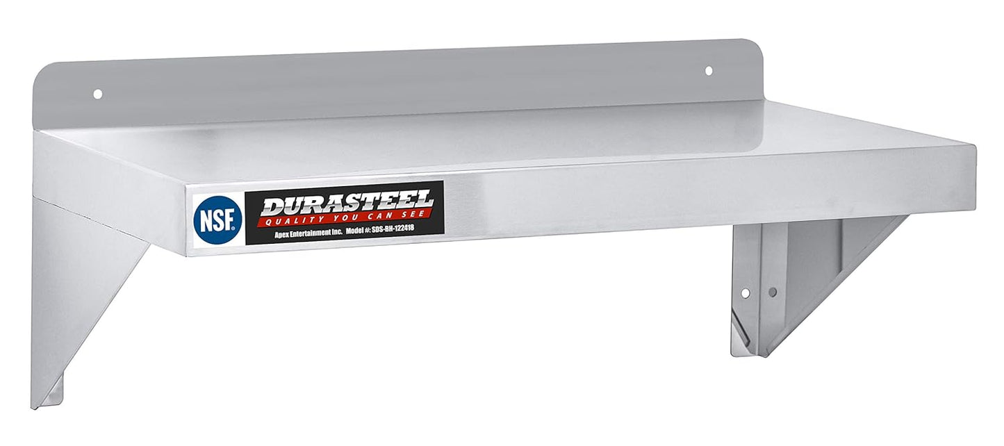 DuraSteel Stainless Steel Wall Shelf - 24" Wide x 12" Deep Commercial Grade - NSF Certified - Industrial Appliance Equipment (Restaurant, Bar, Home, Kitchen, Laundry, Garage and Utility Room)