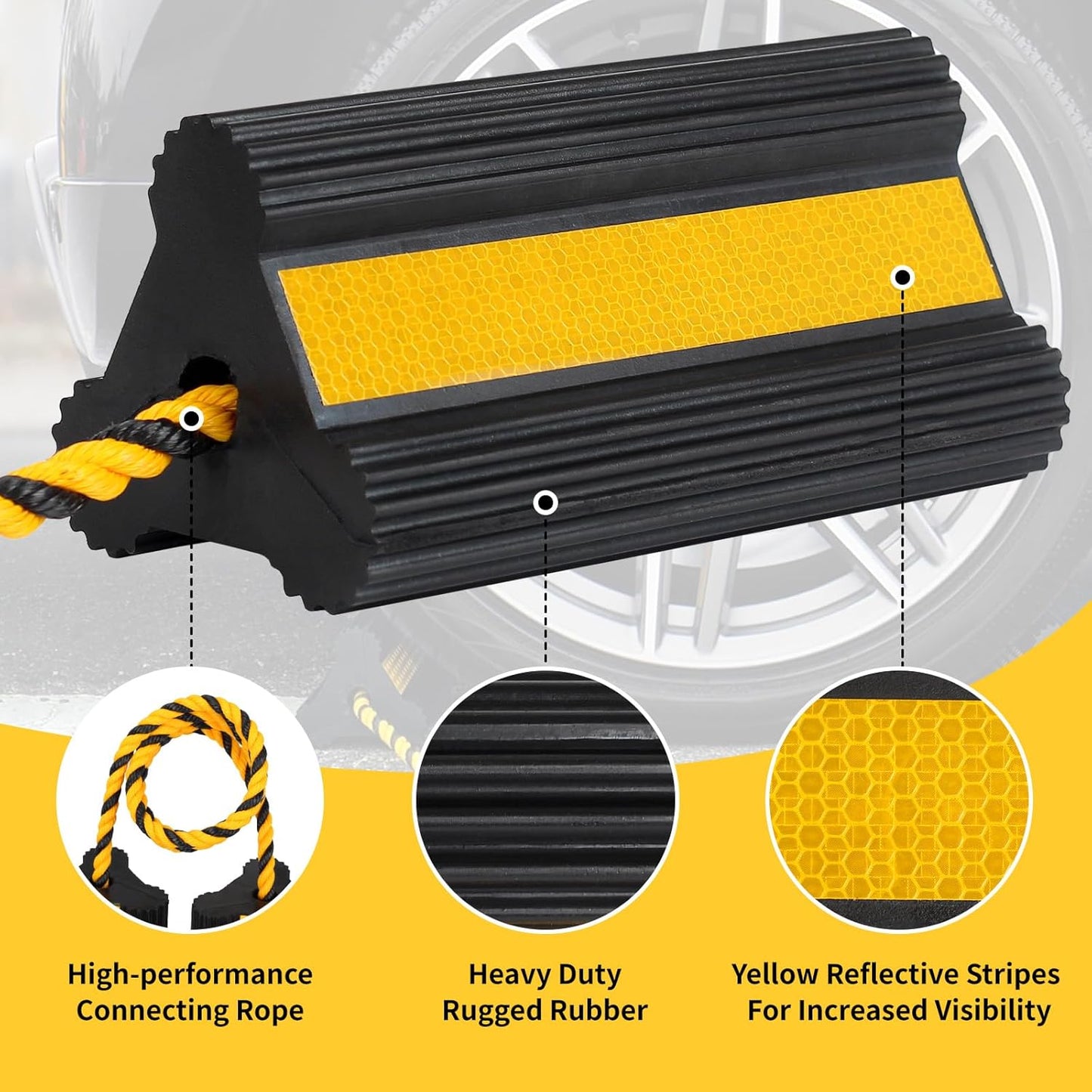 Heavy Duty Rubber Wheel Chocks, 1 Pair, Non-Slip Tire Stopper Blocks with Rope, for RV Camper Travel Trailers Motorhome Aircraft Car Truck