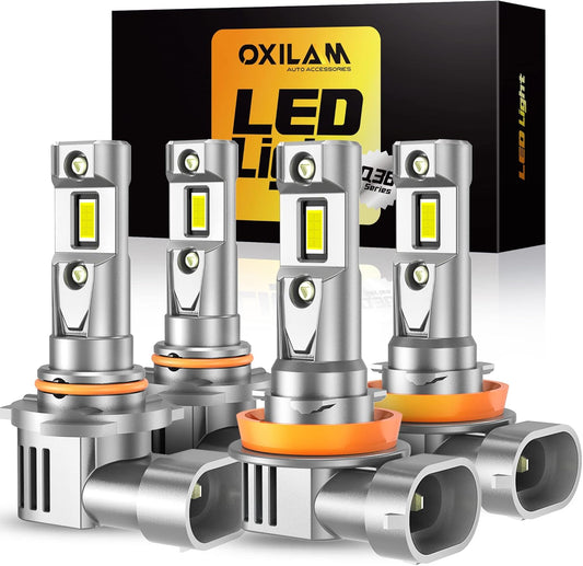 OXILAM H11 9005 Light Bulbs Combo, 70000lm 900% Brighter 6500K Cool White Light, H11-H9-H8 9005-HB3 Fog Light DRL Halogen Replacement 1:1 Size, Wireless Design, IP68 Waterproof, Pack of 4