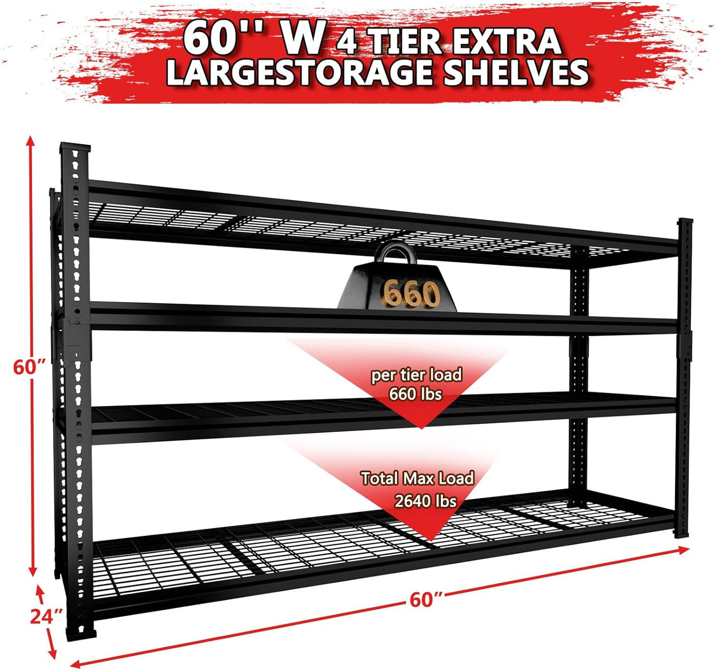 Storage Shelves 2PCS, Garage Shelving Heavy Duty 2640LBS Capacity, 60"L x 24"W x 60"H Adjustable Metal Shelving Organizer Wire Rack, 4 Tier Utility Shelf Unit for Pantry Closet Warehouse Organization