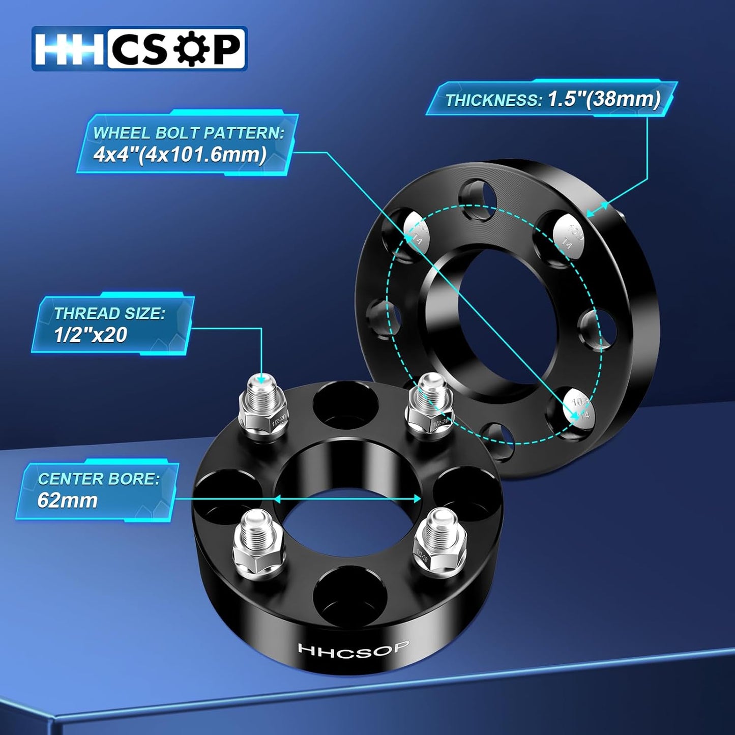 HHCSOP 4x4 Golf Cart Wheel Spacers, 1.5 inch ATV Wheel Adapters for EZ GO EZGO Club Car, 4PCS 4x101.6mm Wheel Spacer Hub Bore 62mm with 1/2" x20 Studs - Black