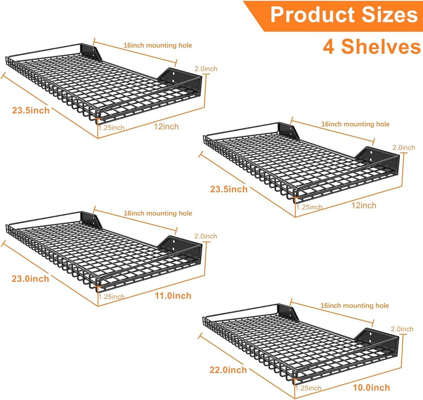 WALMANN Garage Wall Shelf, 4 Wall-Mounted Storage Shelves for Garage, Closet, Laundry Room, Heavy Duty Wall Shelving, Holds Up to 65 Lbs(Black, 4 Shelves)