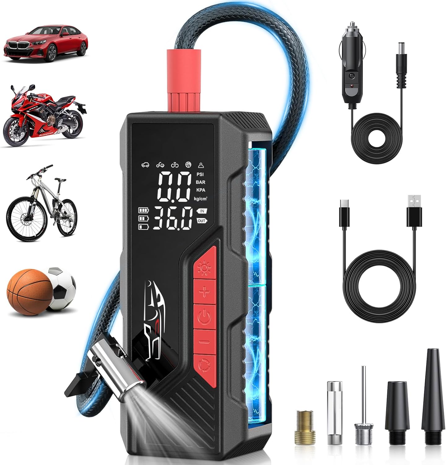 Tire Inflator Portable Air Compressor, Cordless Air Pump for Car Tire 150PSI, Battery & 12V DC, Electric Bike Pump with Pressure Gauge, Auto Shutoff, for Bicycle, Ball, Motorcycle Accessories