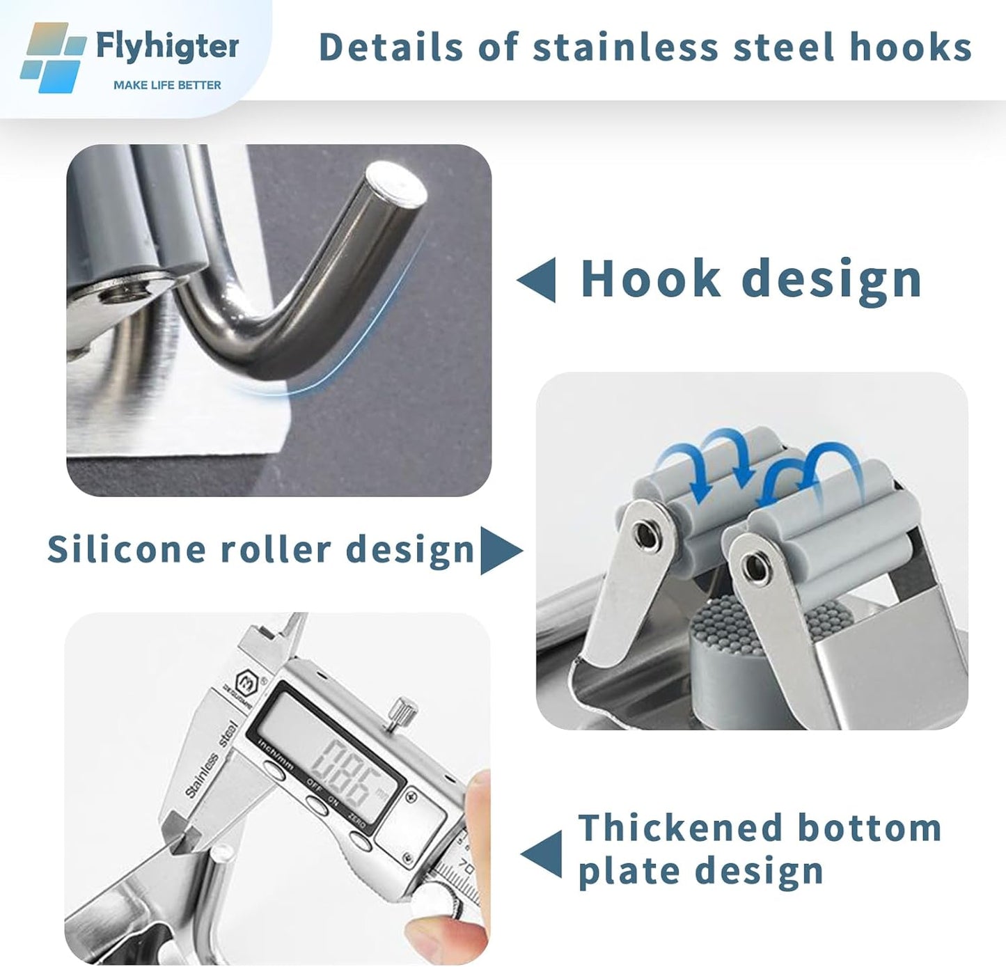 8 Pack Stainless Steel Mop Clips – Heavy Duty Wall Mounted Broom Holders, Rustproof & Tool-Free Install with Back Adhesive or Glue for Home and Garage