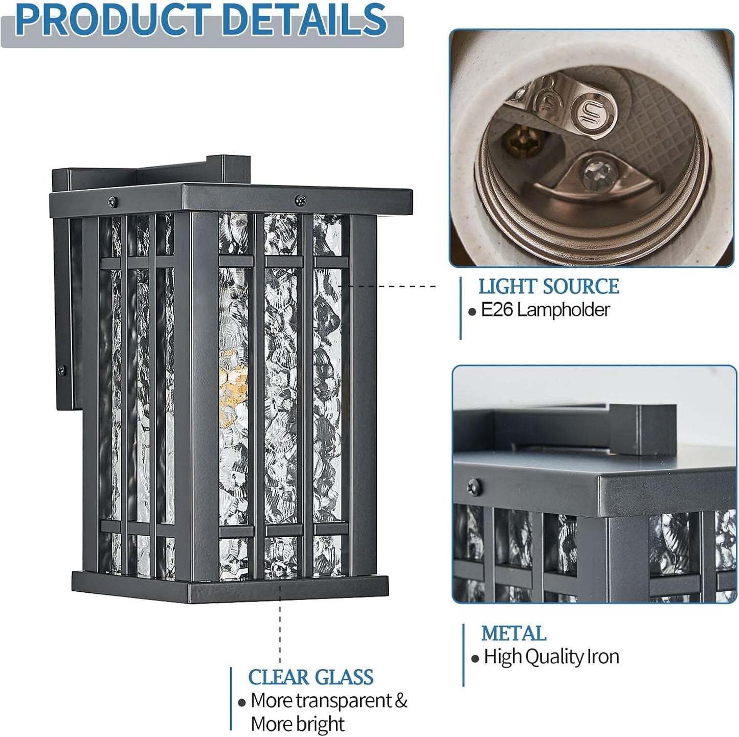 Outdoor Wall Light E26 Base Metal Frame - Black Exterior Waterproof Lanterns with Clear Glass, Porch Wall Mount Lighting for Garage, Patio(Bulb not Included)
