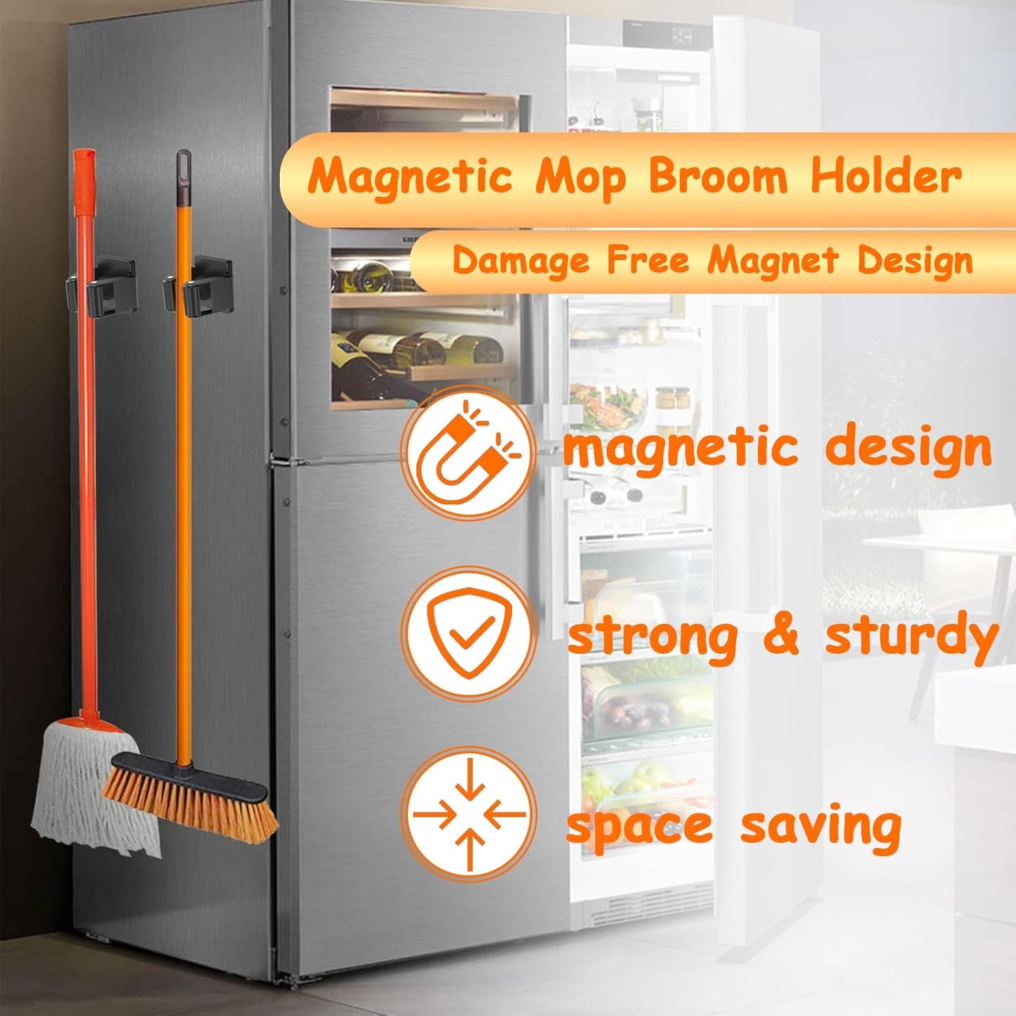 4 Pack Strong Magnetic Mop Broom Holder, Heavy Duty Magnetic Broom Mop Hanger for Cleaning Tools, Wall Mounted Mop Broom Holder for Laundry Garage Kitchen Workshops Shed