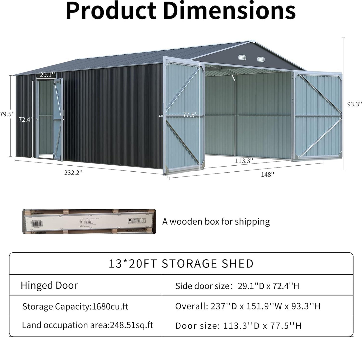 LANTRO JS Sheds & Outdoor Storage, 13x20ft Large Outdoor Metal Garage Shed, Heavy Duty Metal Shed with 2 Doors and 4 Vents Without Floor