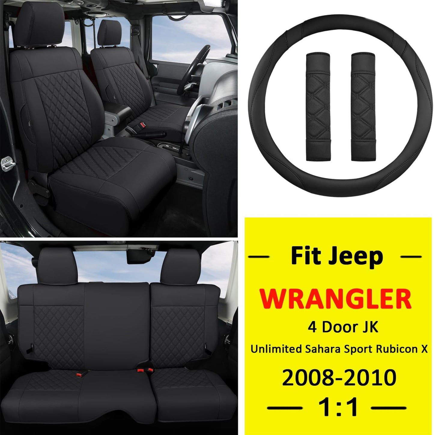 GIANT PANDA Customized Full Set Car Seat Covers for Jeep Wrangler 4 Door JK Unlimited Sahara Sport Rubicon X 2008 2009 2010, Faux Leather - (Black)